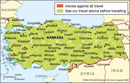 FCDO Türkiye seyahat tavsiyesi haritasında farklı risk alanlarını gösteren resmî harita
